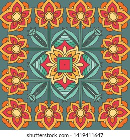 Decorative colorful ethnic seamless pattern for fabric or wrapping in oriental style. Hand drawn illustration