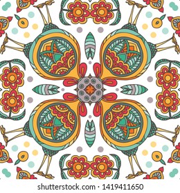 Decorative colorful ethnic seamless pattern for fabric or wrapping in oriental style. Hand drawn illustration