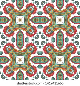 Decorative colorful ethnic seamless pattern for fabric or wrapping in oriental style. Hand drawn illustration