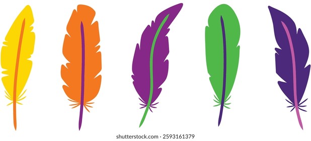 Decorative colorful feathers. Perfect for Mardi Gras and masquerade party themed designs. Hand drawn vector illustrations.