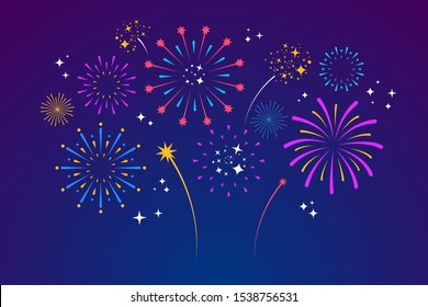 Decorative colorful fireworks explosions isolated on dark background. New Year's Eve fireworks. Festive sparks and explosions. Element for yor design. Vector illustration