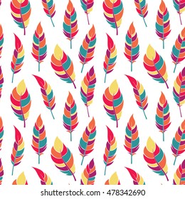 Decorative colorful flat feathers pattern. Good for cards, invitation, notebook, textile, fabric, surface cover, Tribal abstract background. Vector illustration.