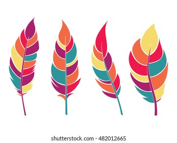 Decorative colorful flat feathers set. Icons isolated on a light background.Tribal objects. Vector illustration.
