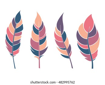 Decorative colorful flat feathers set. Icons isolated on a light background.Tribal objects. Vector illustration.