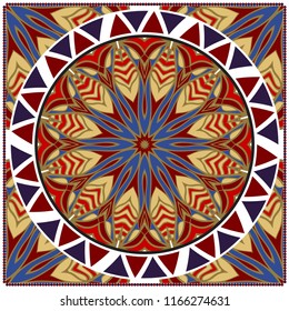 Decorative colorful floral ornament with decorative border. Ethnic mandala decoration. For fashion print, bandanna, tablecloth, neck scarf.