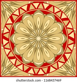 Decorative colorful floral ornament with decorative border. Ethnic mandala decoration. For fashion print, bandanna, tablecloth, neck scarf.