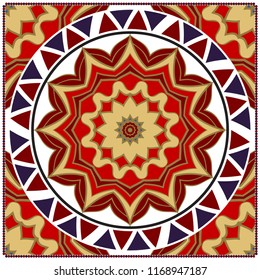 Decorative colorful floral ornament with decorative border. Ethnic mandala decoration. For fashion print, bandanna, tablecloth, neck scarf.