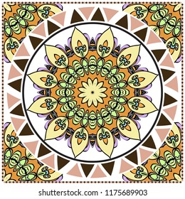 Decorative colorful floral ornament with decorative border. Ethnic mandala decoration. For fashion print, bandanna, tablecloth, neck scarf.