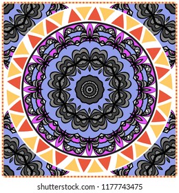 Decorative colorful floral ornament with decorative border. Ethnic mandala decoration. For fashion print, bandanna, tablecloth, neck scarf.