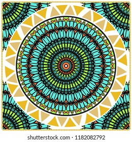 Decorative colorful floral ornament with decorative border. Ethnic mandala decoration. For fashion print, bandanna, tablecloth, neck scarf.