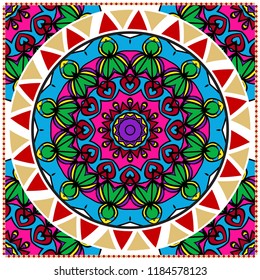 Decorative colorful floral ornament with decorative border. Ethnic mandala decoration. For fashion print, bandanna, tablecloth, neck scarf.