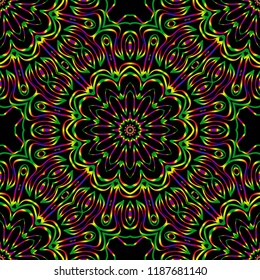 Decorative colorful floral ornament with decorative border. E For fashion print, bandanna, tablecloth.