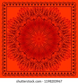 Decorative colorful floral ornament with decorative border. Ethnic mandala decoration. For fashion print, bandanna, tablecloth, neck scarf.