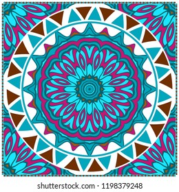 Decorative colorful floral ornament with decorative border. Ethnic mandala decoration. For fashion print, bandanna, tablecloth, neck scarf.