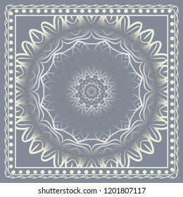 Decorative colorful floral ornament with decorative border. Ethnic mandala decoration. For fashion print, bandanna, tablecloth, neck scarf.