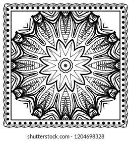 Decorative colorful floral ornament with decorative border. Ethnic mandala decoration. For fashion print, bandanna, tablecloth, neck scarf.