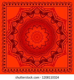 Decorative colorful floral ornament with decorative border. Ethnic mandala decoration. For fashion print, bandanna, tablecloth, neck scarf.
