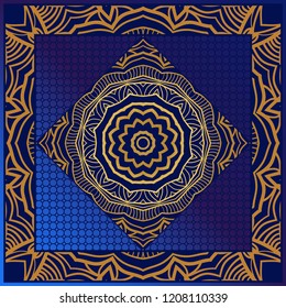 Decorative colorful floral ornament with decorative border. Ethnic mandala decoration. For fashion print, bandanna, tablecloth, neck scarf.