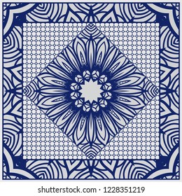 Decorative colorful floral ornament with decorative border. Ethnic mandala decoration. For fashion print, bandanna, tablecloth, neck scarf.