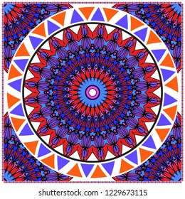 Decorative colorful floral ornament with decorative border. Ethnic mandala decoration. For fashion print, bandanna, tablecloth, neck scarf.