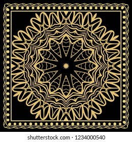 Decorative colorful floral ornament with decorative border. Ethnic mandala decoration. For fashion print, bandanna, tablecloth, neck scarf.