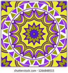 Decorative Colorful Floral Ornament With Decorative Border. Ethnic Decoration. For Fashion Print, Bandanna, Tablecloth, Neck Scarf. Vector illustration