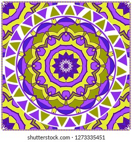 Decorative Colorful Floral Ornament With Decorative Border. Ethnic Decoration. For Fashion Print, Bandanna, Tablecloth, Neck Scarf. Vector illustration