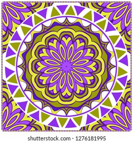 Decorative Colorful Floral Ornament With Decorative Border. Ethnic Decoration. For Fashion Print, Bandanna, Tablecloth, Neck Scarf. Vector illustration