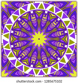 Decorative Colorful Floral Ornament With Decorative Border. Ethnic Decoration. For Fashion Print, Bandanna, Tablecloth, Neck Scarf. Vector illustration