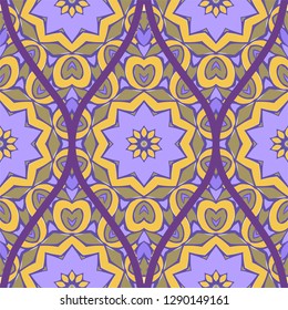 Decorative Colorful Floral Ornament With Decorative Border. Ethnic Seamless Decoration. Vector illustration/ Brown purple color.