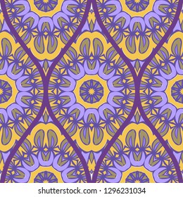 Decorative Colorful Floral Ornament With Decorative Border. Ethnic Seamless Decoration. Vector illustration/ Brown purple color.