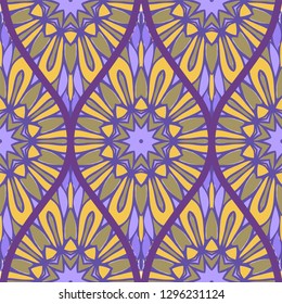 Decorative Colorful Floral Ornament With Decorative Border. Ethnic Seamless Decoration. Vector illustration/ Brown purple color.