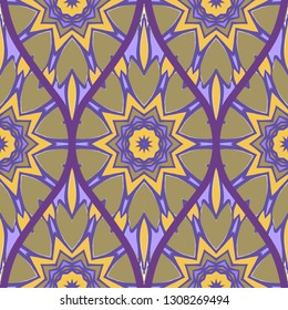 Decorative Colorful Floral Ornament With Decorative Border. Ethnic Seamless Decoration. Vector illustration Brown purple color.