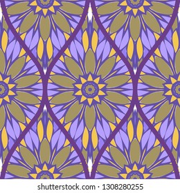 Decorative Colorful Floral Ornament With Decorative Border. Ethnic Seamless Decoration. Vector illustration Brown purple color.