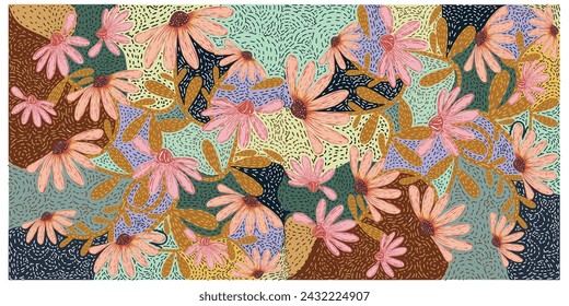 Decorative colorful flower ornament background, symmetric pattern with beautiful flowers. Tribal ethnic mandala. Bandana shawl, hijab, tablecloth fabric print.