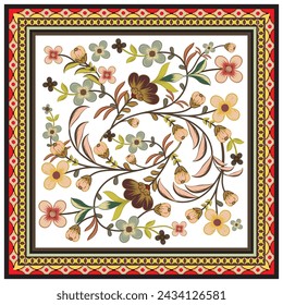 Decorative colorful flower ornament background with hand drawn line art placement. symmetric pattern with beautiful flowers. Tribal ethnic mandala. Bandana shawl, hijab, tablecloth fabric print