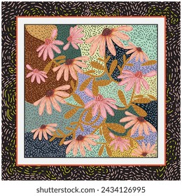 Decorative colorful flower ornament background with hand drawn line art placement. symmetric pattern with beautiful flowers. Tribal ethnic mandala. Bandana shawl, hijab, tablecloth fabric print