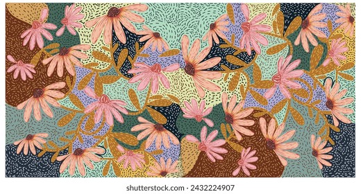 Decorative colorful flower scarf. hand drawn  pink floral seamless pattern in vintage style, hand painting print with abstract flowers, leaves and plants, doted textured backgrounds