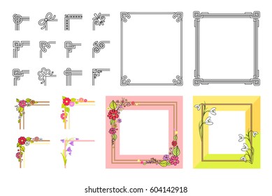 Decorative colorful frame collection on white. Vector poster of square adorned with flowers and other festive attributes borders and their parts. Frames presents concept for holiday celebration