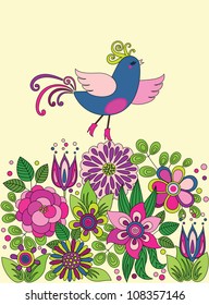 Decorative colorful funny vector drawing with bird on the flowers