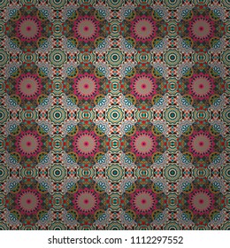 Decorative colorful, geometric pattern in green, beige and pink colors. Vector tribal ethnic ornament. Bandanna shawl, tablecloth fabric print, silk neck scarf, kerchief design.