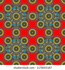 Decorative colorful, geometric pattern in yellow, blue and red colors. Vector tribal ethnic ornament. Bandanna shawl, tablecloth fabric print, silk neck scarf, kerchief design.
