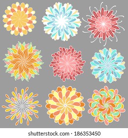 Decorative colorful hand drawn flowers. Vector set