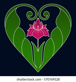 Decorative colorful heart with a flower. Valentines day symbol of love in Art Deco style. Vector Illustration.