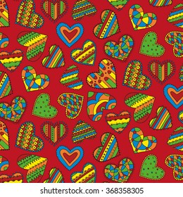 Decorative colorful hearts seamless pattern on a red background for Happy Valentine's Day. Vector illustration