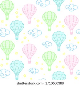 Decorative colorful hot air balloons with hearts and beads on a white background with clouds and stars. Vector seamless pattern for kids wallpaper, wrapping paper, printing on clothes, fabric, textile