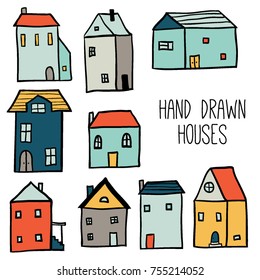 Decorative colorful houses collection. Cute stylized hand drawn buildings. Street. Cottages. City landscape. Line art
