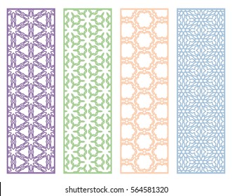 Decorative colorful lace borders patterns. Tribal ethnic arabic, indian, turkish ornament, bookmarks templates set. Isolated design elements. Stylized geometric floral border, fashion collection