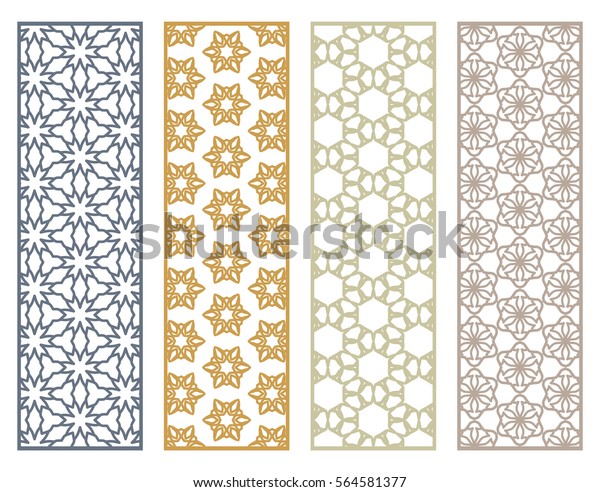 Decorative colorful lace borders patterns.\
Tribal ethnic arabic, indian, turkish ornament, bookmarks templates\
set. Isolated design elements. Stylized geometric floral border,\
fashion collection