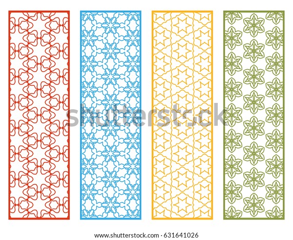Decorative colorful lace borders patterns.\
Tribal ethnic arabic, indian, turkish ornament, bookmarks templates\
set. Isolated design elements. Stylized geometric floral border,\
fashion collection